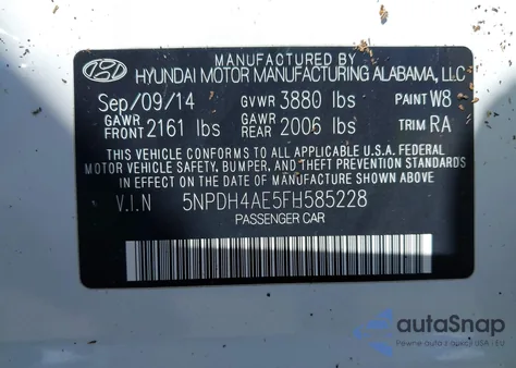 2015 Hyundai Elantra Se from USA, damaged, VIN 5NPDH4AE5FH585228